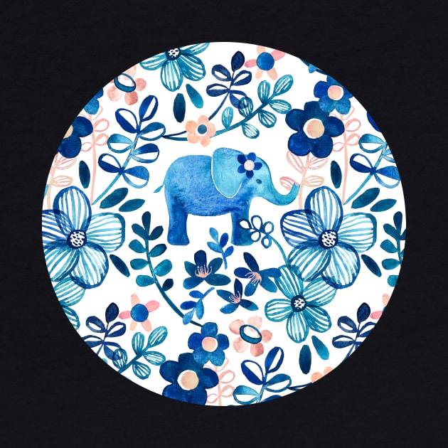 Blush Pink, White and Blue Elephant and Floral Watercolor Pattern by micklyn